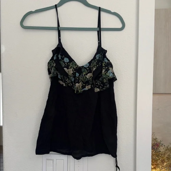 Free People Black Camisole with Green and Blue Floral Trim - Picture 1 of 5